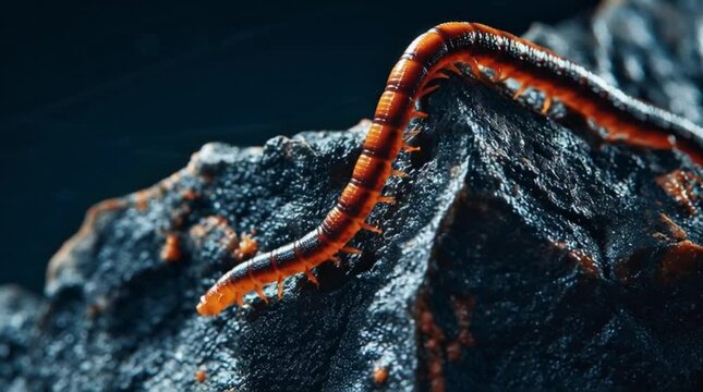 Macro footage of orange banded fireworm crawling over dark rock
