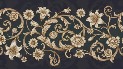 Elegant floral pattern border with intricate golden swirls and flowers. © Inda