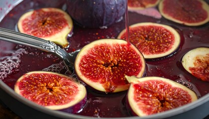 Figs poached in ruby-red liquid, a spoon holding one halved fruit, showcasing texture and vibrant colors