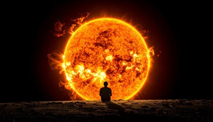 Figure sits before large fiery celestial body against a stark black background on a desolate, cracked earth