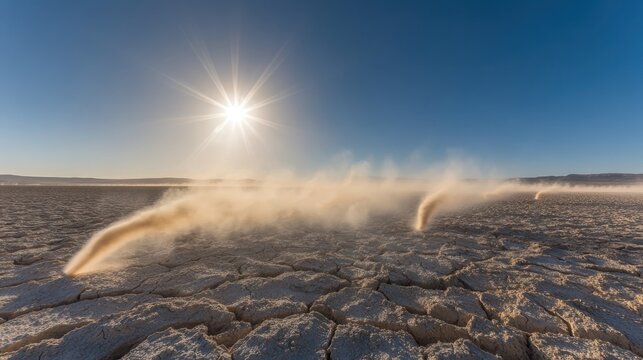 Dust devils dance across cracked dry earth under a bright shining sun in a clear blue sky