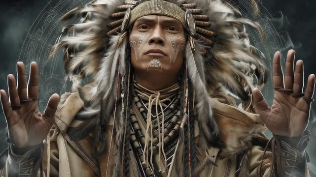 Portrait of a male witcher in ritual pose wearing tribal headdress and mystical markings, dark fantasy character inspired by ancient magic and shamanic traditions