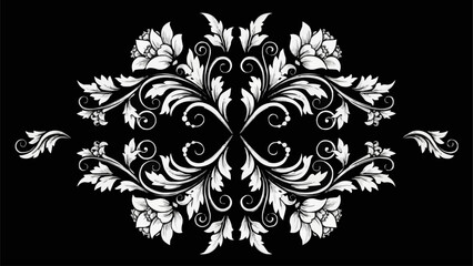 Elegant white floral ornament on black background symmetrical design. © jamingan