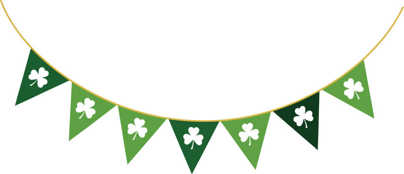 Festive St. Patrick's Day shamrock bunting banner decoration with green flags and white clovers isolated on white background