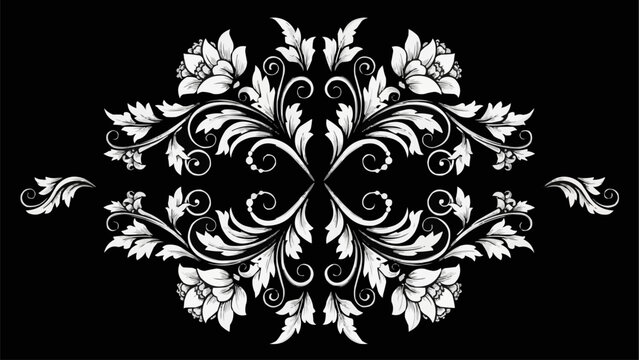 Elegant white floral ornament on black background symmetrical design.
