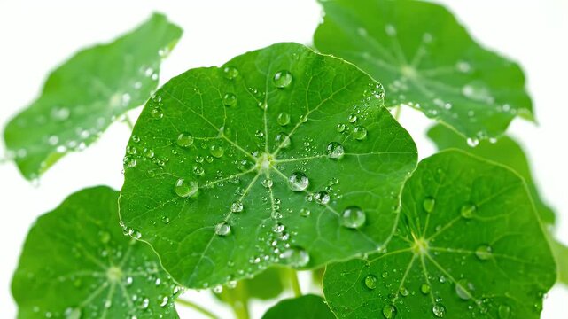 Fresh Green Nasturtium Leaves with Water Droplets on White Background - Close-Up Display of Leaf Veins and Circular