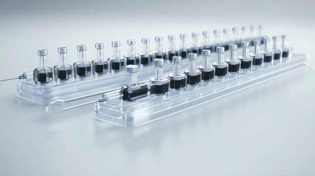 Collection of pre-filled sterile medical syringes lined up for use