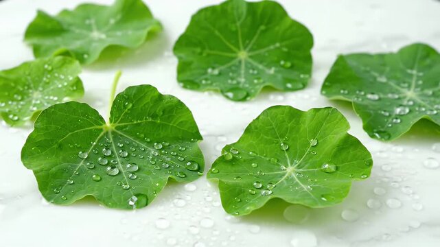 Fresh Green Nasturtium Leaves with Water Droplets on White Marble Surface Overhead Close-up for Culinary Herb