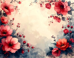 Floral frame with pink and red blossoms surrounding a creamy, watercolor-wash background
