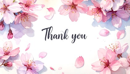 Floral "Thank you" with light pink cherry blossoms arranged on a white background with delicate fallen petals