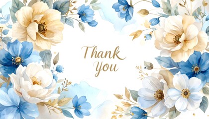 Floral watercolor "Thank You" card. Pastel blue & yellow flowers frame a white space with calligraphy text