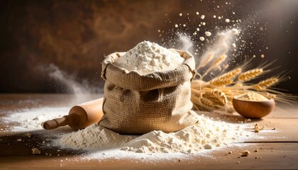 Flour overflows from a burlap sack with rolling pin, wheat, and bowl on wood. Dark, warm background