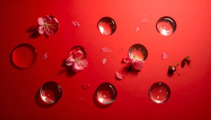Flowers and water drops dot a vibrant red background, creating a visually striking, minimalist composition