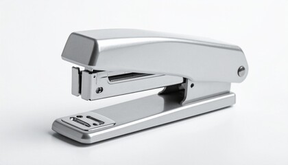 Close-up of a silver metallic stapler isolated on a clean white background