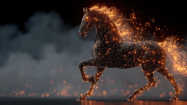 Surreal glowing horse silhouette formed by golden motion lines and spark particles