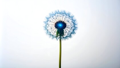 Fluffy dandelion head, seed-bearing, with a glowing blue center, rising upwards against a soft, bright white background