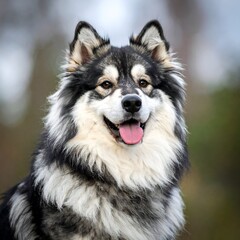 Fluffy dog portrait with striking black and white fur pattern against a soft bokeh forest backdrop