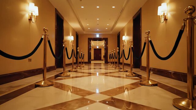 Elegant and empty hotel hallway featuring a polished marble floor, warm lighting, and golden stanchions with black velvet ropes, creating an exclusive and sophisticated atmosphere