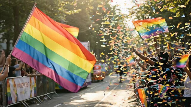 Cheering crowd waving rainbow flags during a pride parade celebration, with colorful confetti falling through the sunlit air, symbolizing love, freedom, and human rights for the lgbtq plus community