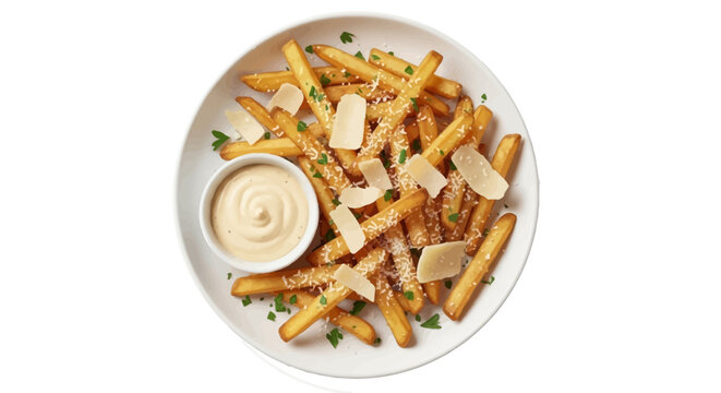 Crispy golden french fries topped with parmesan cheese and fresh