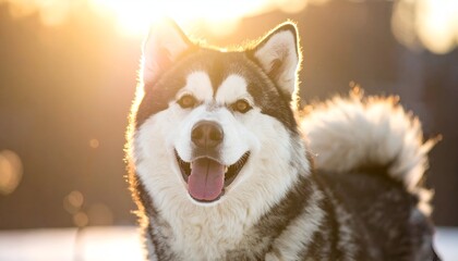 Fluffy Malamute basks in golden sunlight, smiling with an open mouth. A blurred background enhances the sunlit scene