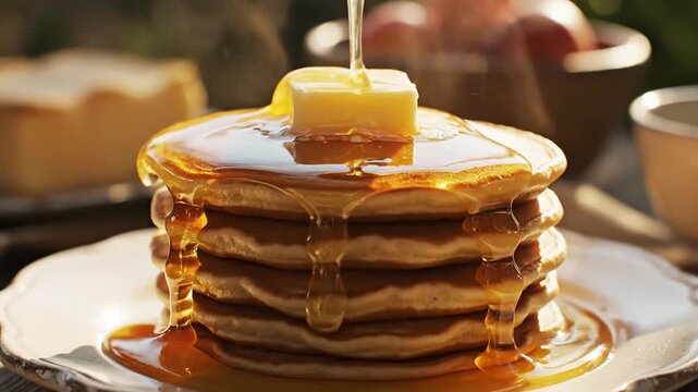 Slow-motion close-up of golden honey or maple syrup being poured onto a stack of warm, fluffy pancakes topped with a melting pat of butter, representing a delicious and cozy breakfast experience.