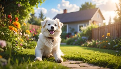 Fluffy white dog, in garden, lies on green lawn, house in background under bright, sunny, blue sky