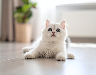 Fluffy white kitten with blue eyes laying on a light wood floor, looking upward, plant in background