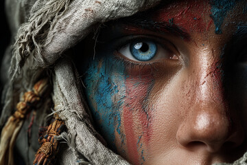 Warrior Warrior's Gaze: Eyes of an Indomitable Spirit Painted with Blue and Red
