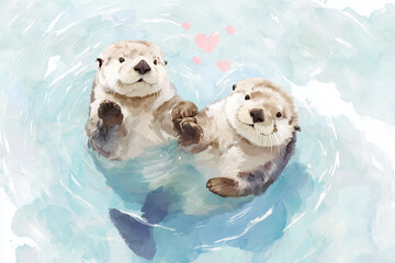 Commercial Illustration of Two Sea Otters Playing Affectionately in Water