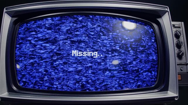 Vintage crt television screen showing a pixelated missing message over flickering analog static, representing a lost transmission, broadcast error, or technical problem in an old device