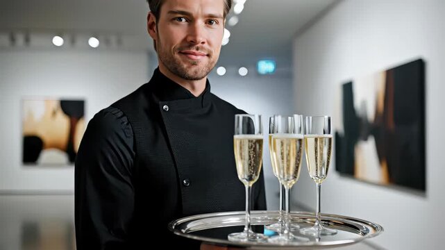 Handsome elegant waiter in a black uniform serving glasses of sparkling champagne on a silver tray during a catered event, walking through a modern contemporary art gallery exhibition opening