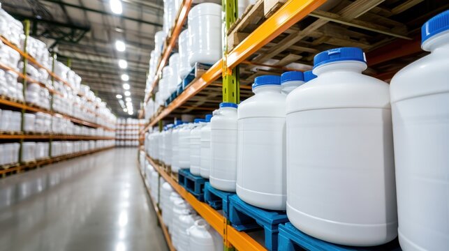 Large white plastic jugs with blue caps are stored in rows on warehouse shelving