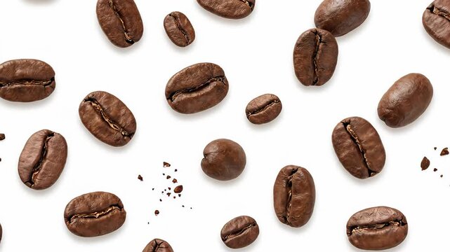Delicious roasted coffee beans gently falling and bouncing in a continuous seamless loop animation, isolated on a clean white background, showcasing their rich texture and aroma