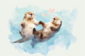 Cute Otters Floating Together in a Blue-green Ocean