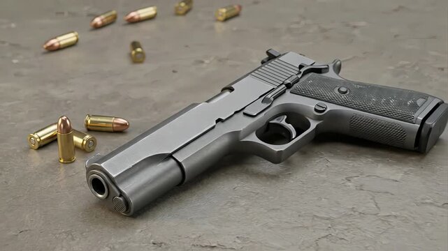 Dark gray semi automatic pistol lying on a rough concrete surface surrounded by scattered ammunition. The camera movement slowly reveals the entire firearm from a close up of the muzzle