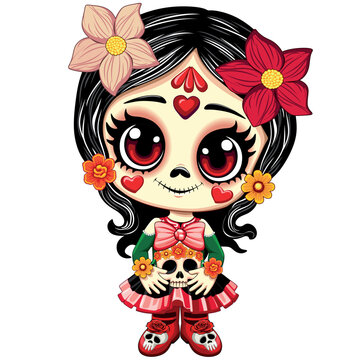 Calavera Dia de los Muertos Cute Calaverita Cartoon Character with floral sugar skull Vector Illustration
