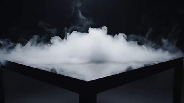Dramatic cinematic shot of a block of dry ice sublimating on a dark surface, creating thick swirling white fog and vapor clouds, representing scientific cooling, mystery, and theatrical effects.