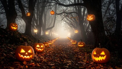 Foggy path lined with lit jack-o'-lanterns hanging in trees and on the ground, creating a spooky Halloween atmosphere
