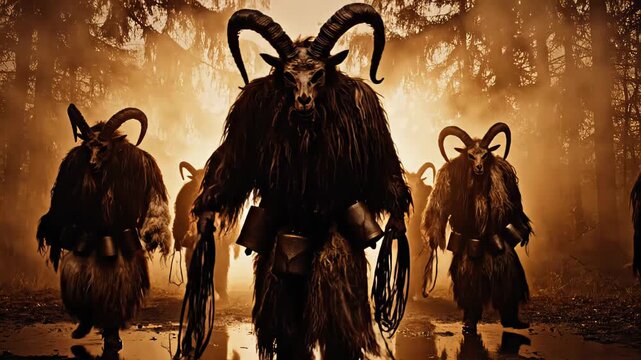 Group of terrifying krampus figures with fur costumes, horns, and skulls walking through a muddy, foggy forest during a menacing sunset, embodying an ancient pagan folklore tradition