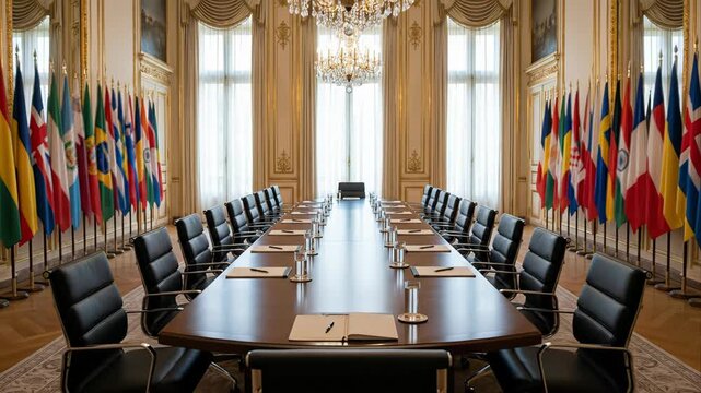 Empty meeting room prepared for an important international summit with a long table, chairs, and national flags from various countries lining the walls, ready for diplomatic negotiations