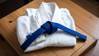 Folded white gi with a blue belt, resting on a light brown wooden surface, creating a neat and organized still life