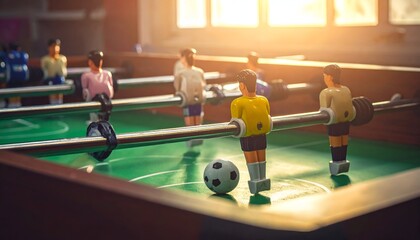 Foosball table detail with bright window light illuminating the green playing field and colorful players