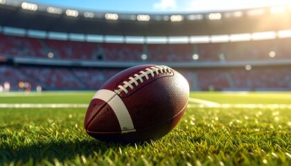 Football on green field, blurred stadium background, sunny day. Close-up sports scene, vibrant colors