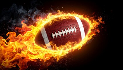Football encircled in vibrant flames and smoke against a dark background, suggesting high energy and intense action