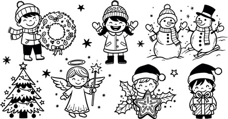 Naklejka premium Black and white cartoon style children with christmas wreath angel snowman tree gift and star decorations in winter holiday illustration