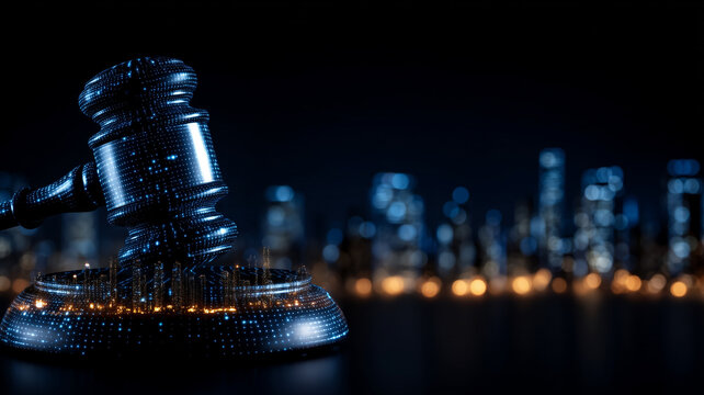 Digital gavel over city skyline representing modern justice system and legal technology.
