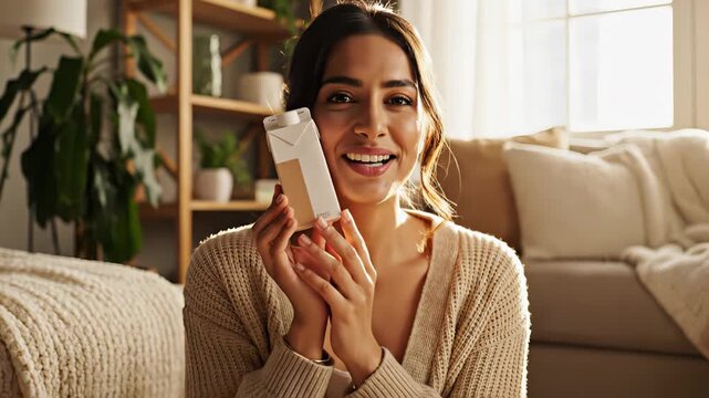 Excited young woman unboxing a cardboard box with the word delivered on it, sitting on the floor of her cozy sunlit living room, happily taking out a new product and smiling with satisfaction