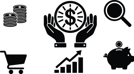 Fototapeta premium Flat design finance icon set showing hands holding coin graph growth piggy bank shopping cart magnifier stacked coins simple black silhouettes for web and print branding
