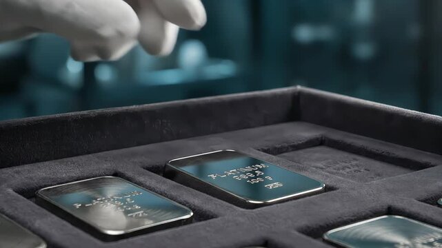 Close up of a person's hand wearing a white glove carefully placing a pure platinum bar into a secure case, a concept of wealth, investment, and precious metal trading